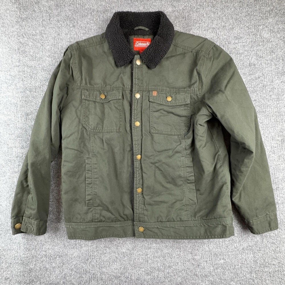 Coleman Jacket Mens Large Green Canvas Sherpa Lined Snap Front Outdoor Workwear